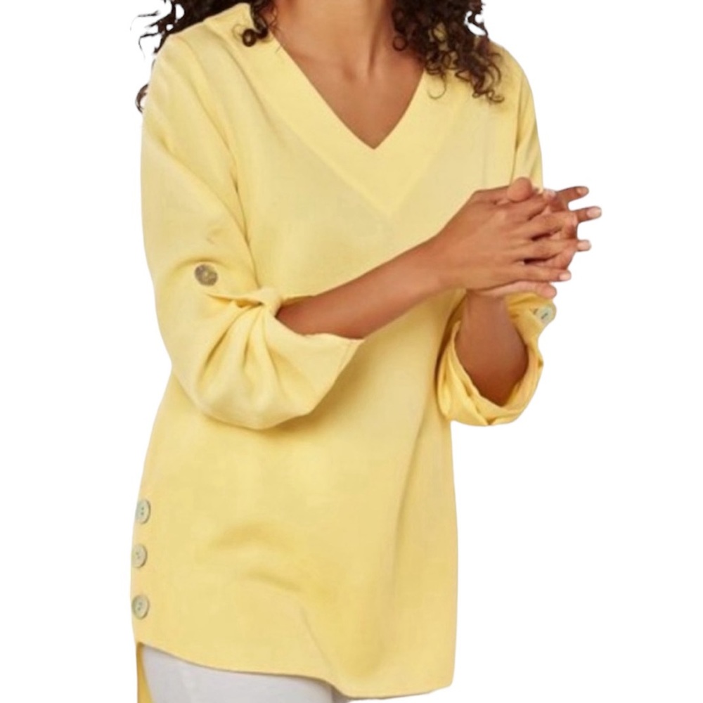 Soft Surroundings Yellow Fairmont Roll Tab Sleeve Tunic Top, Size Medium